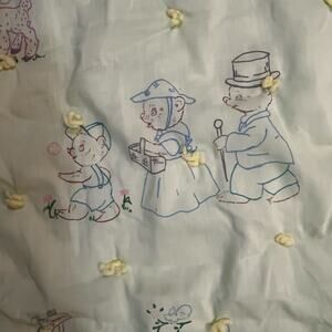Vintage Green Baby Crib Quilt 52x39 Hand Tied Animal Nursery Blanket Cats Ducks